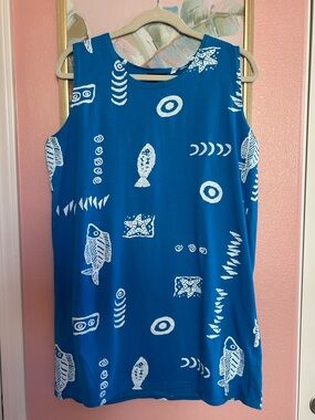 VTG 90s resortwear fish tribal print kitsch shift dress/ bathing suit cover up L